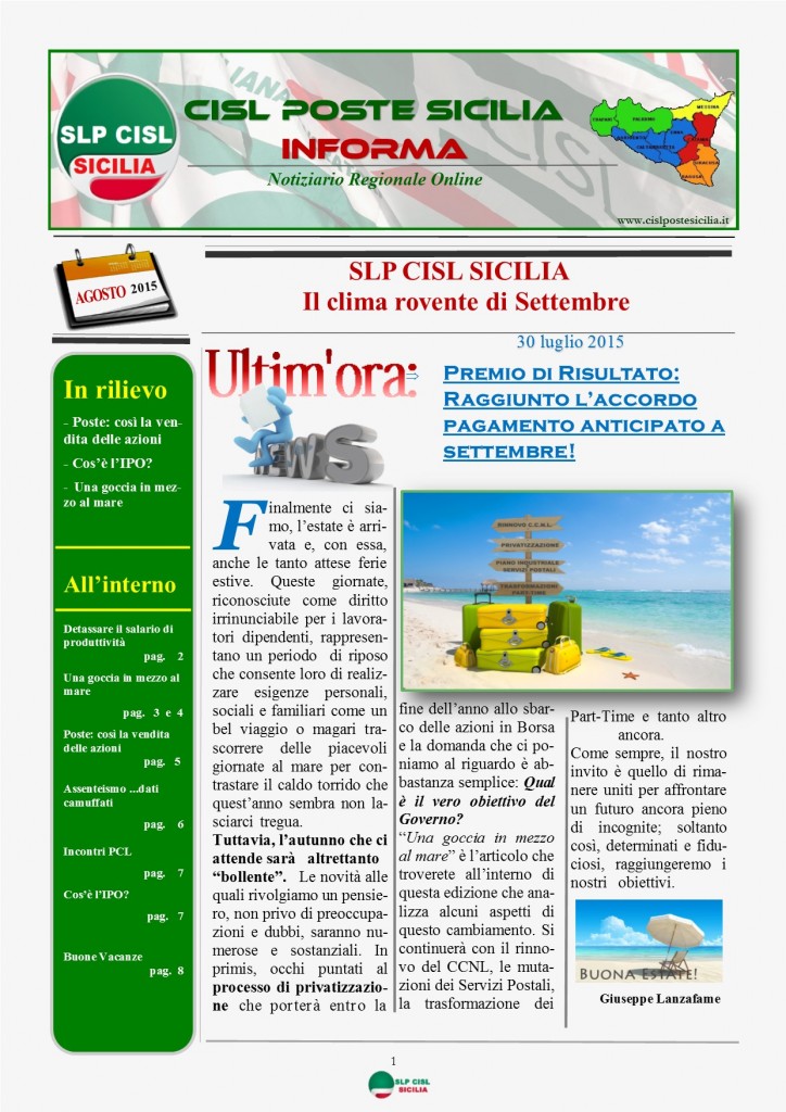Cisl Poste Sicilia Informa Agosto 2015 pag 1