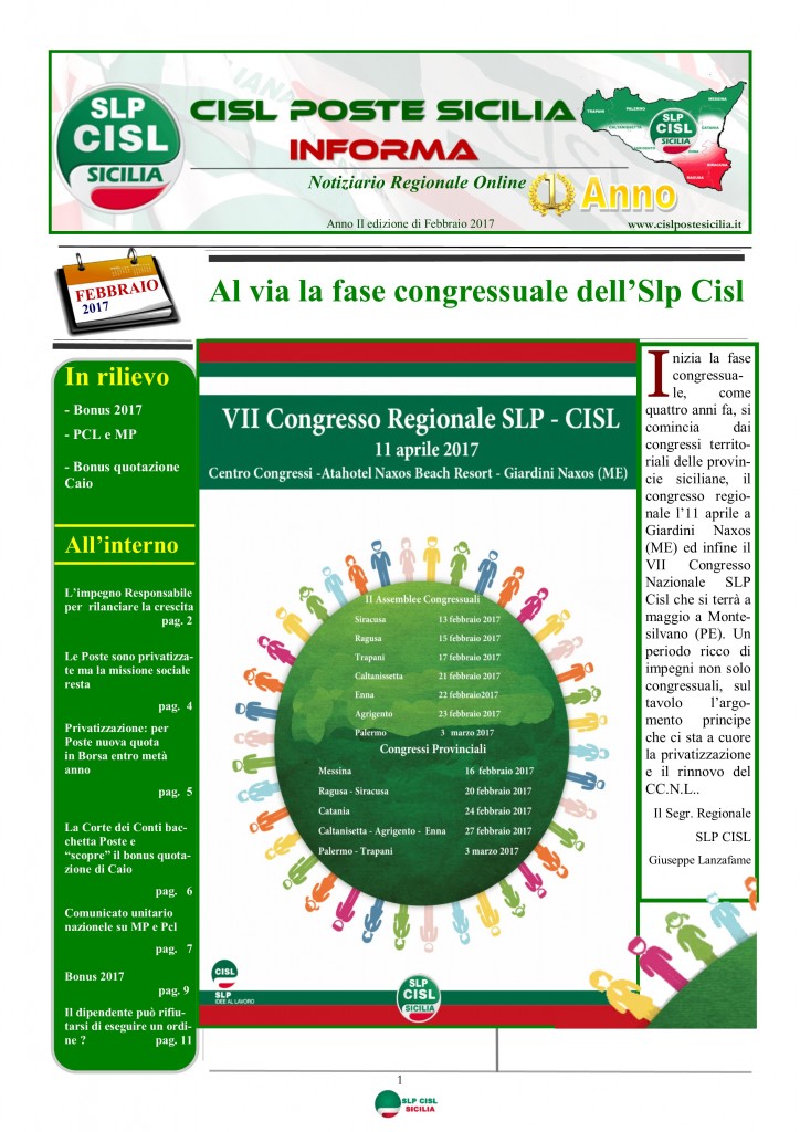 Cisl Poste Sicilia Informa Febbraio 2017