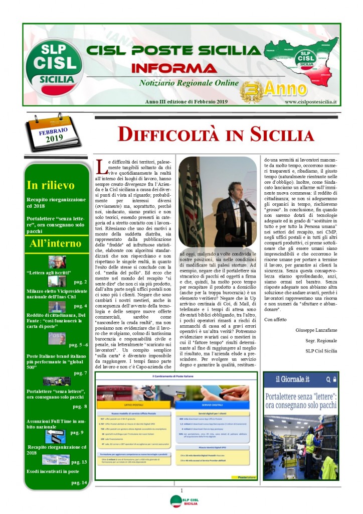 Cisl Poste Sicilia Informa Febbraio 2019