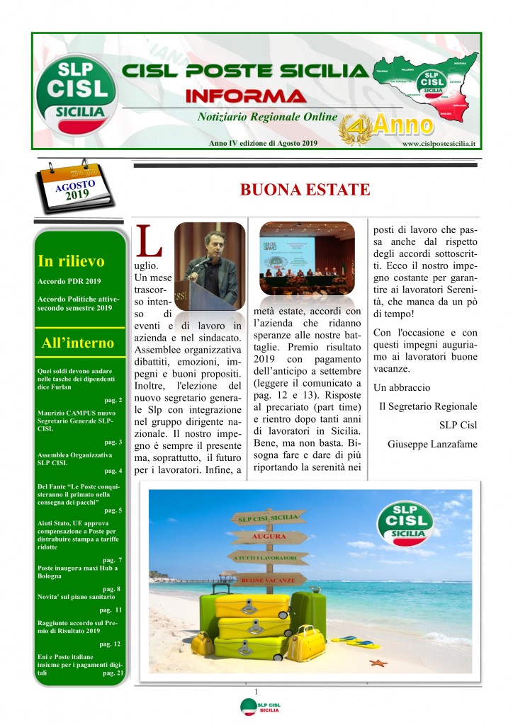 Cisl Poste Sicilia Informa agosto 2019