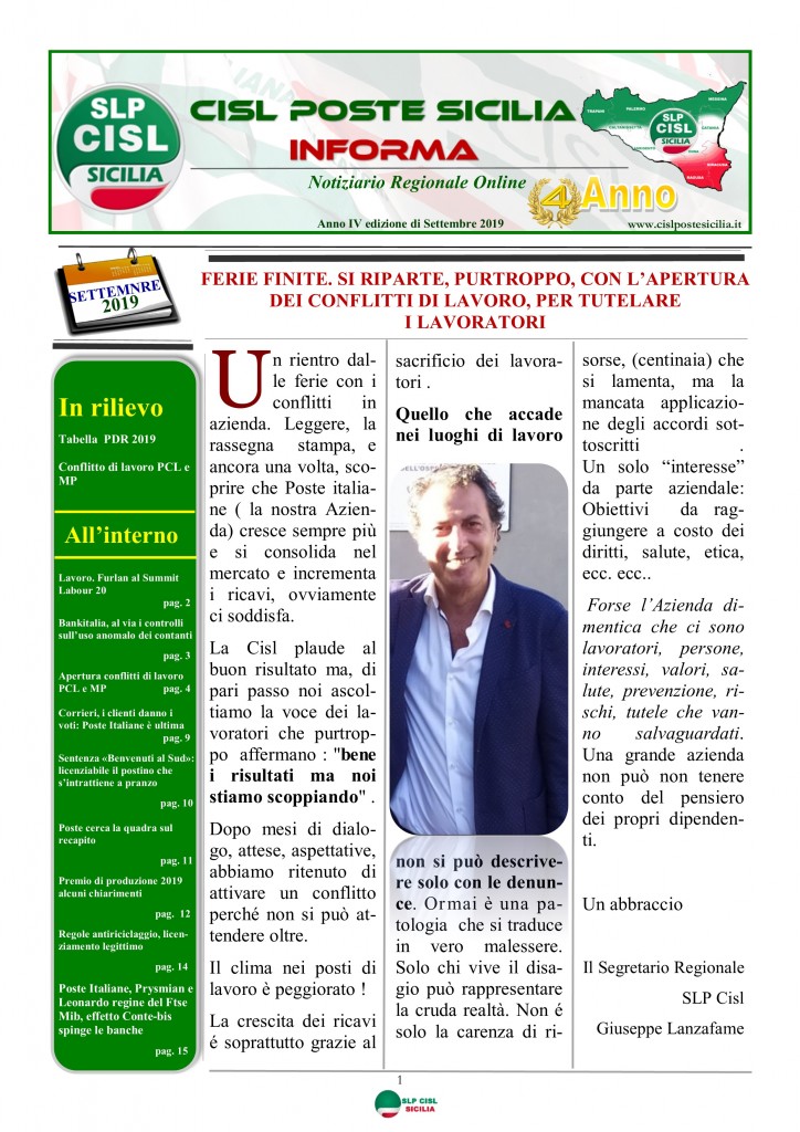 Cisl Poste Sicilia Informa settembre 2019
